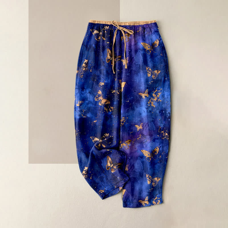 Buddha Stones Pure Cotton Golden Butterfly Nebula Pattern Women's Elastic Waist Harem Pants - RoyalBlue - US16，UK/AU20，EU48 (3XL) - image 5