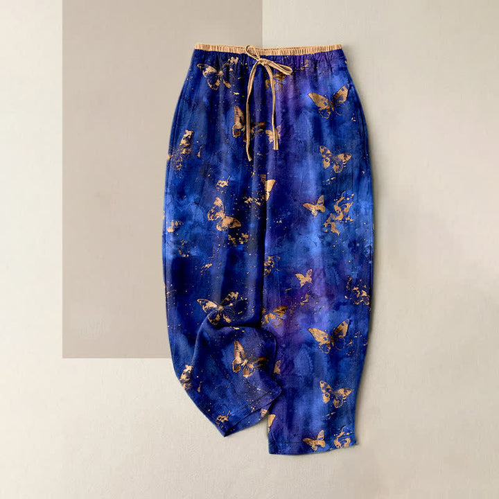 Buddha Stones Pure Cotton Golden Butterfly Nebula Pattern Women's Elastic Waist Harem Pants - RoyalBlue - US16，UK/AU20，EU48 (3XL) - image 5