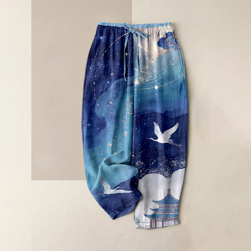 Buddha Stones Pure Cotton Oriental Crane Watercolor Pattern Women's Elastic Waist Pants With Pockets - Navy - US16，UK/AU20，EU48 (3XL) - image 4
