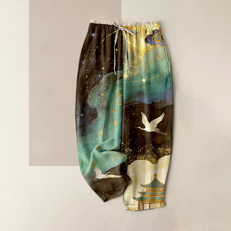 Buddha Stones Pure Cotton Oriental Crane Watercolor Pattern Women's Elastic Waist Pants With Pockets - MediumAquamarine - US16，UK/AU20，EU48 (3XL) - image 5