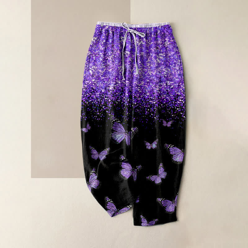 Buddha Stones Pure Cotton Gradient Butterfly Pattern Women's Elastic Waist Pants With Pockets - BlueViolet - US16，UK/AU20，EU48 (3XL) - image 0