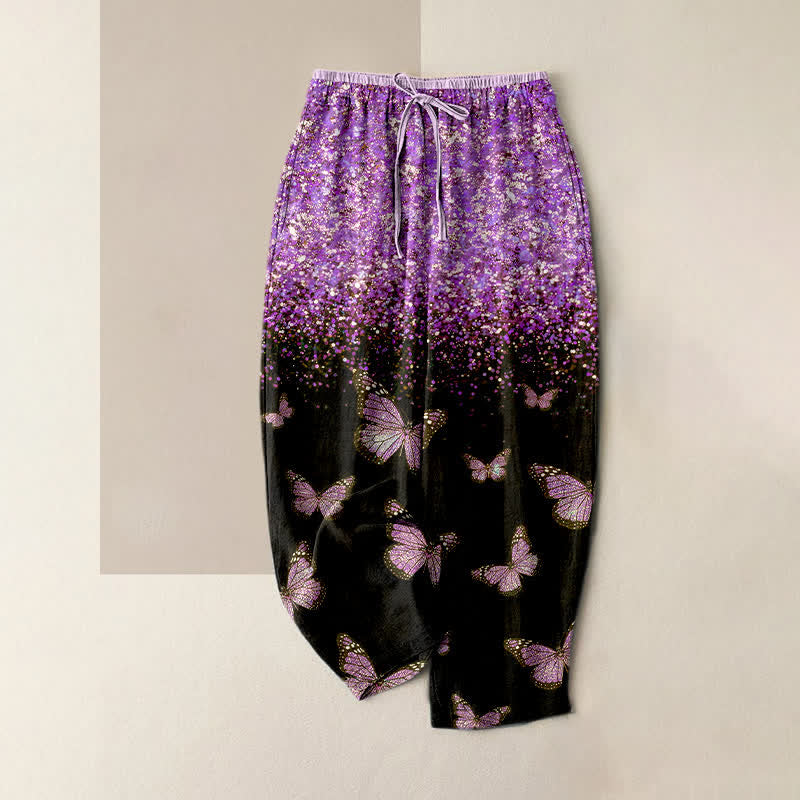 Buddha Stones Pure Cotton Gradient Butterfly Pattern Women's Elastic Waist Pants With Pockets - DarkOrchid - US16，UK/AU20，EU48 (3XL) - image 5