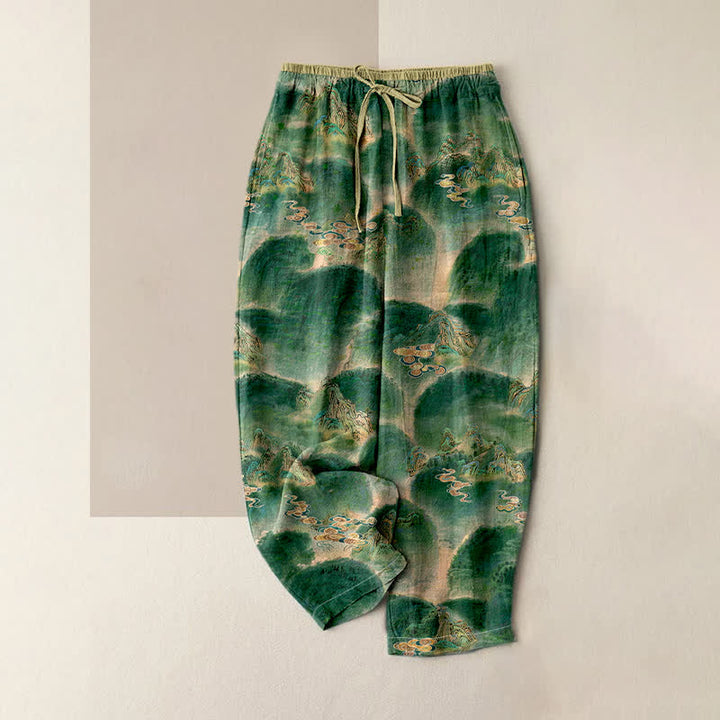 Buddha Stones Pure Cotton Mountain Pattern Women's Elastic Waist Pants With Pockets - ForestGreen - US16，UK/AU20，EU48 (3XL) - image 0