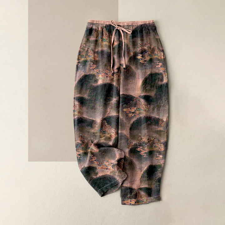 Buddha Stones Pure Cotton Mountain Pattern Women's Elastic Waist Pants With Pockets - PeachPuff - US16，UK/AU20，EU48 (3XL) - image 3