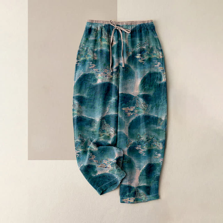 Buddha Stones Pure Cotton Mountain Pattern Women's Elastic Waist Pants With Pockets - Teal - US16，UK/AU20，EU48 (3XL) - image 4