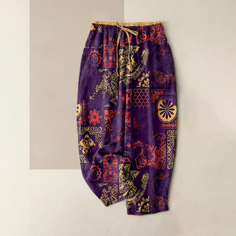 Buddha Stones Cotton Floral Pattern Women's Elastic Waist Pants With Pockets - Purple - US16，UK/AU20，EU48 (3XL) - image 4