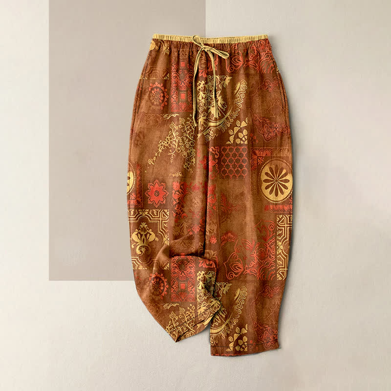 Buddha Stones Cotton Floral Pattern Women's Elastic Waist Pants With Pockets - Sienna - US16，UK/AU20，EU48 (3XL) - image 5