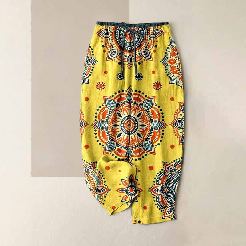 Buddha Stones Pure Cotton Mandala Floral Pattern Women's Elastic Waist Pants With Pockets - Yellow - US16，UK/AU20，EU48 (3XL) - image 4