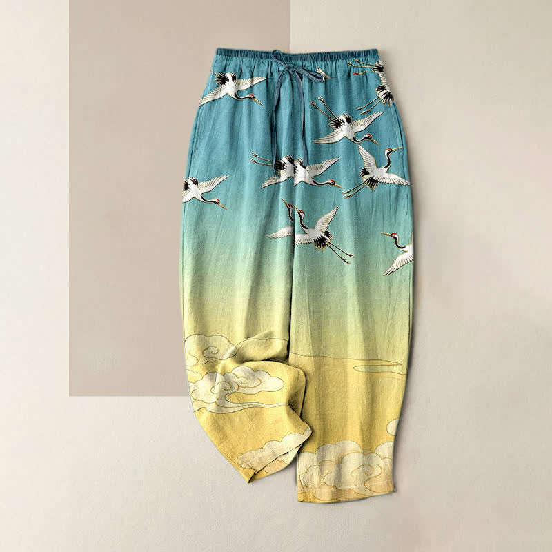 Buddha Stones Pure Cotton Flying Crane Cloud Gradient Pattern Women's Elastic Waist Pants With Pockets - Turquoise - US16，UK/AU20，EU48 (3XL) - image 0