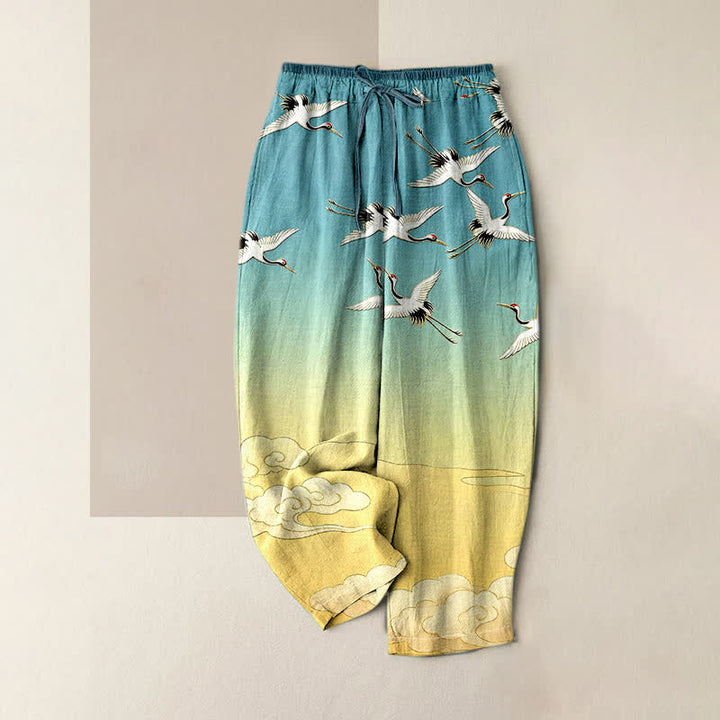 Buddha Stones Pure Cotton Flying Crane Cloud Gradient Pattern Women's Elastic Waist Pants With Pockets - Turquoise - US16，UK/AU20，EU48 (3XL) - image 0