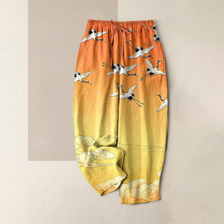 Buddha Stones Pure Cotton Flying Crane Cloud Gradient Pattern Women's Elastic Waist Pants With Pockets - Orange - US16，UK/AU20，EU48 (3XL) - image 4