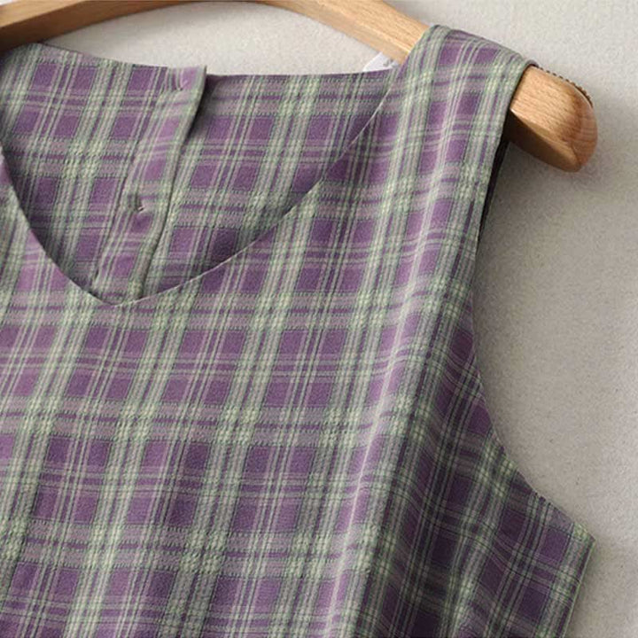 Buddha Stones Summer Vintage Drawstring Waist Button-Up Plaid Cotton Women's Sleeveless Dress With Pockets - image 4