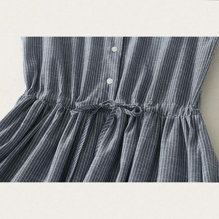 Buddha Stones Summer Minimalist Button-Up Drawstring Striped Women's Sleeveless Dress - image 7