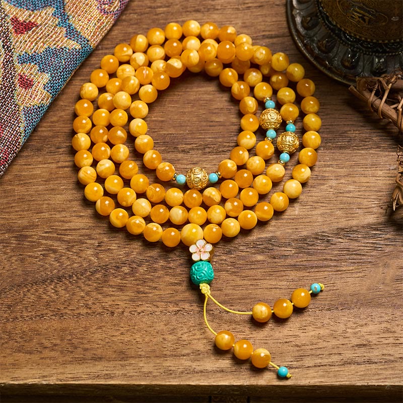 Buddha Stones 108 Beads Tibetan Amber Om Mani Padme Hum Mala - 10mm - image 0