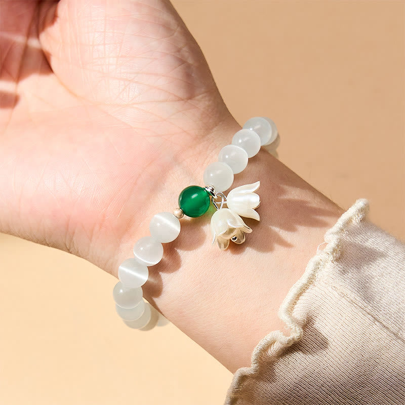Buddha Stones 8mm White Cat's Eye Round Beads Lily of the Valley Flowers Positive Bracelet - image 2