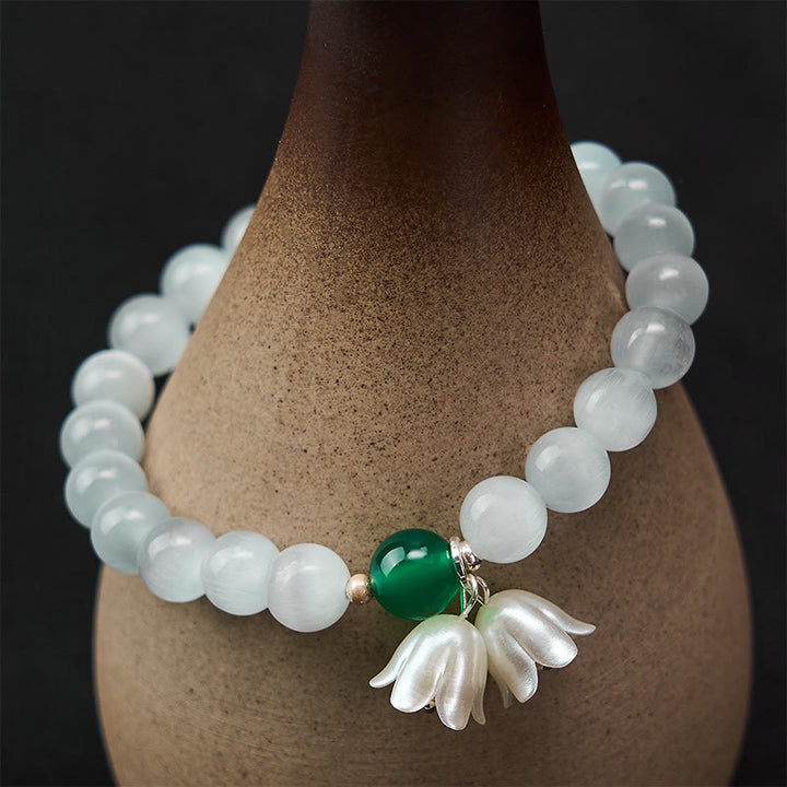 Buddha Stones 8mm White Cat's Eye Round Beads Lily of the Valley Flowers Positive Bracelet - image 5