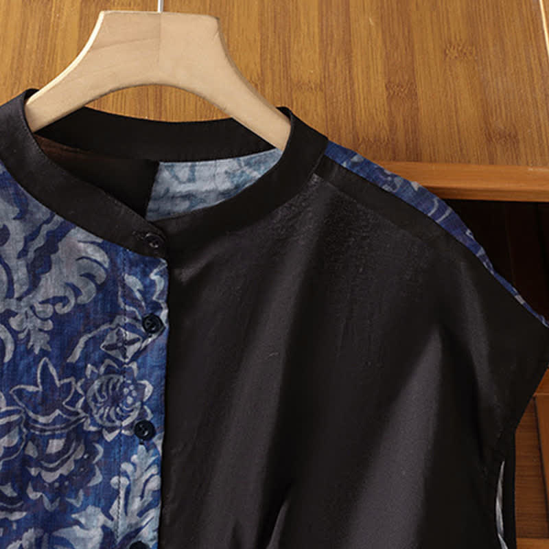 Buddha Stones Summer Minimalist Mandarin Collar Asymmetric Floral Print Women's Sleeveless Shirts - image 9