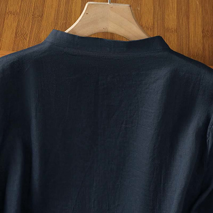 Buddha Stones Spring Vintage Embroidered Feather Mandarin Collar Solid Women's Short Sleeve Shirt - image 3