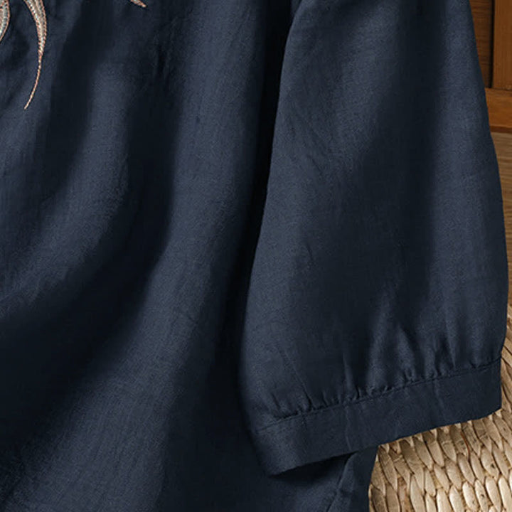 Buddha Stones Spring Vintage Embroidered Feather Mandarin Collar Solid Women's Short Sleeve Shirt - image 5