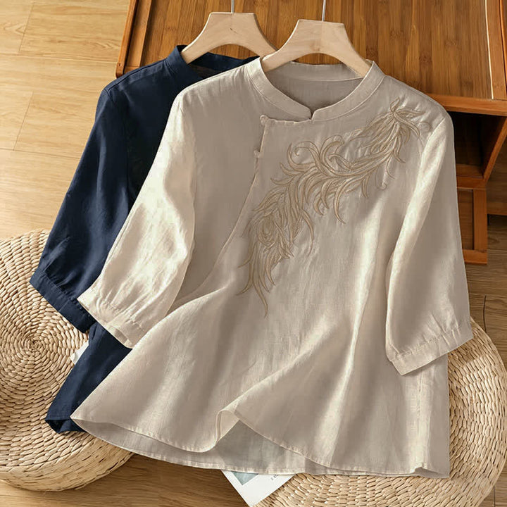 Buddha Stones Spring Vintage Embroidered Feather Mandarin Collar Solid Women's Short Sleeve Shirt - image 16
