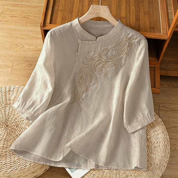 Buddha Stones Spring Vintage Embroidered Feather Mandarin Collar Solid Women's Short Sleeve Shirt - Beige - US8-10，UK/AU12-14，EU40-42 (2XL) - image 7