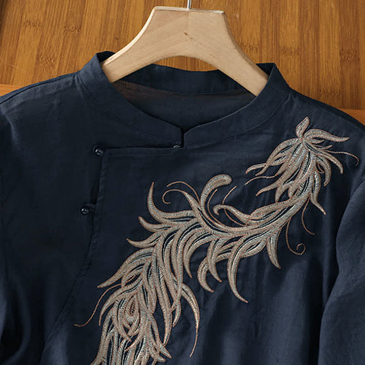 Buddha Stones Spring Vintage Embroidered Feather Mandarin Collar Solid Women's Short Sleeve Shirt - image 2