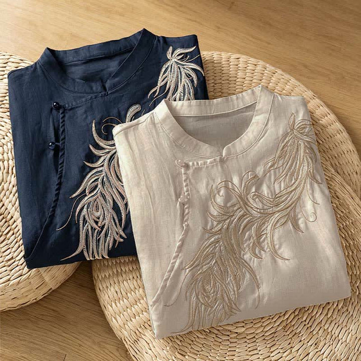 Buddha Stones Spring Vintage Embroidered Feather Mandarin Collar Solid Women's Short Sleeve Shirt - image 17