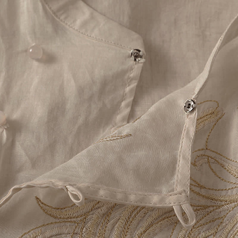 Buddha Stones Spring Vintage Embroidered Feather Mandarin Collar Solid Women's Short Sleeve Shirt - image 11