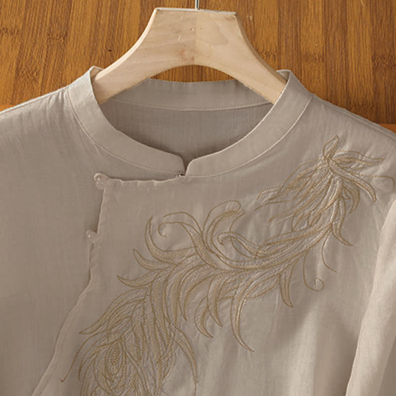 Buddha Stones Spring Vintage Embroidered Feather Mandarin Collar Solid Women's Short Sleeve Shirt - image 9