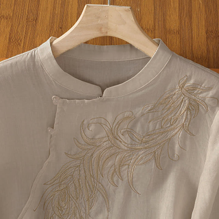 Buddha Stones Spring Vintage Embroidered Feather Mandarin Collar Solid Women's Short Sleeve Shirt - image 9