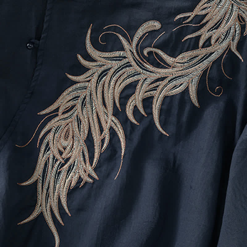 Buddha Stones Spring Vintage Embroidered Feather Mandarin Collar Solid Women's Short Sleeve Shirt - image 4