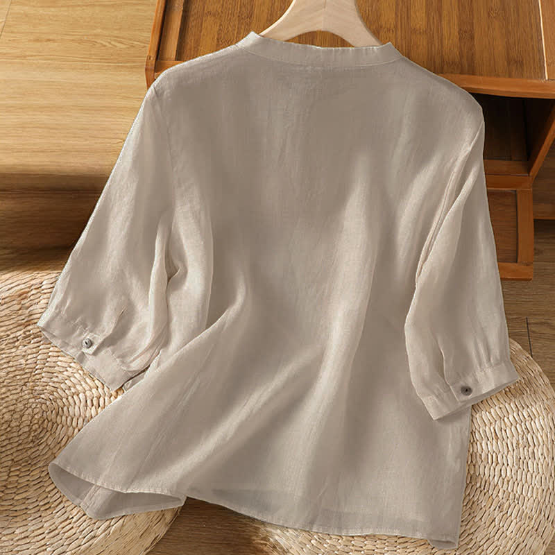 Buddha Stones Spring Vintage Embroidered Feather Mandarin Collar Solid Women's Short Sleeve Shirt - image 8