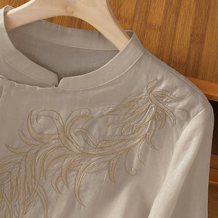 Buddha Stones Spring Vintage Embroidered Feather Mandarin Collar Solid Women's Short Sleeve Shirt - image 12