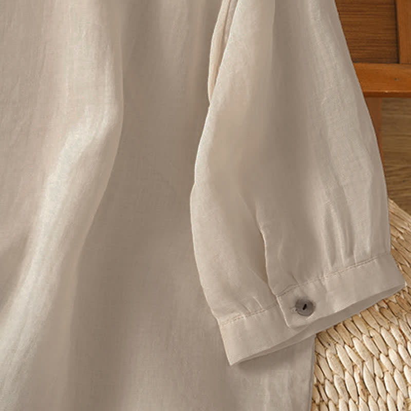 Buddha Stones Spring Vintage Embroidered Feather Mandarin Collar Solid Women's Short Sleeve Shirt - image 14