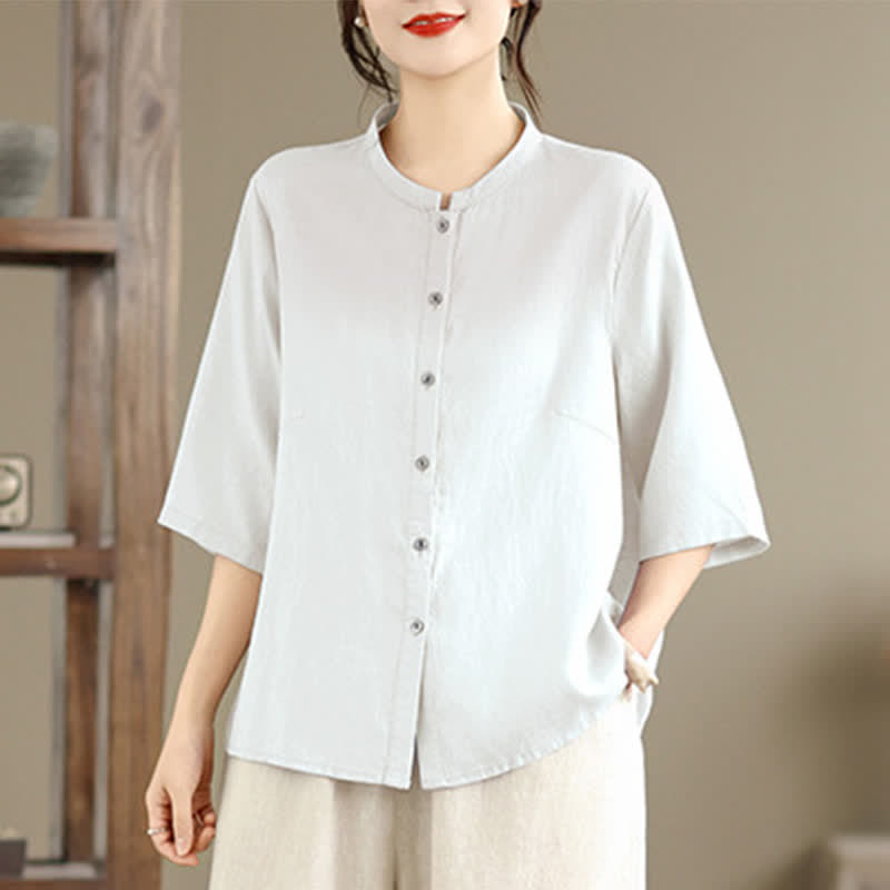 Buddha Stones Summer Minimalist Button-Up Mandarin Collar Side Slit Solid Women's Short Sleeve Shirts - image 17