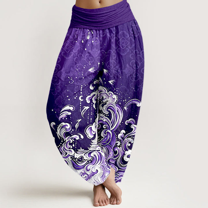 Buddha Stones Pure Cotton Ocean Wave Gradient Pattern Women's Elastic Waist Harem Pants - Purple - US16，UK/AU20，EU48 (3XL) - image 8