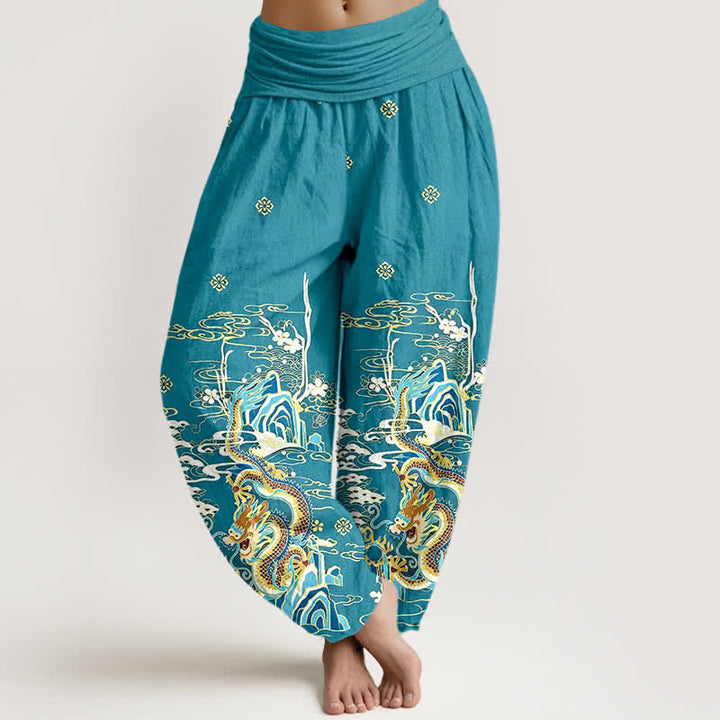 Buddha Stones Pure Cotton Dragon Cloud Wave Pattern Women's Elastic Waist Harem Pants - Turquoise - US16，UK/AU20，EU48 (3XL) - image 0