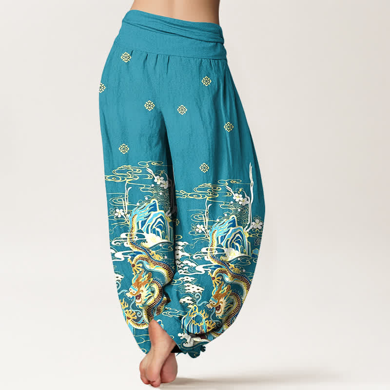 Buddha Stones Pure Cotton Dragon Cloud Wave Pattern Women's Elastic Waist Harem Pants - image 1