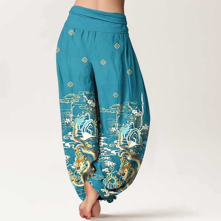 Buddha Stones Pure Cotton Dragon Cloud Wave Pattern Women's Elastic Waist Harem Pants - image 1