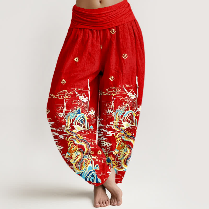 Buddha Stones Pure Cotton Dragon Cloud Wave Pattern Women's Elastic Waist Harem Pants - Red - US16，UK/AU20，EU48 (3XL) - image 5