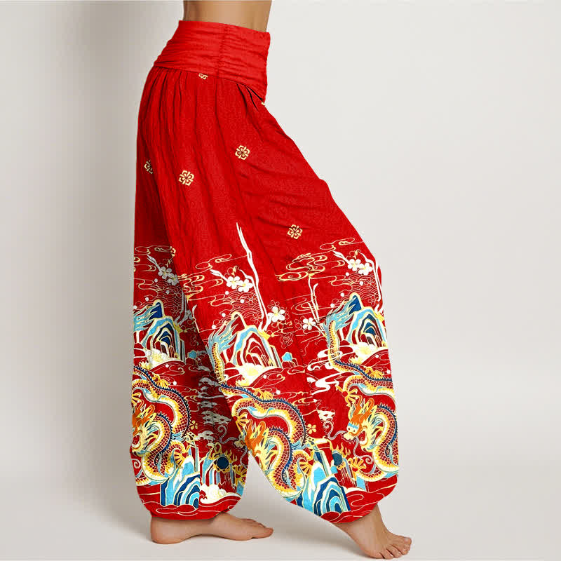 Buddha Stones Pure Cotton Dragon Cloud Wave Pattern Women's Elastic Waist Harem Pants - image 7