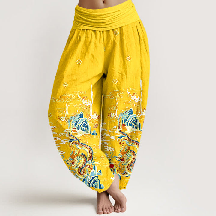 Buddha Stones Pure Cotton Dragon Cloud Wave Pattern Women's Elastic Waist Harem Pants - Gold - US16，UK/AU20，EU48 (3XL) - image 8