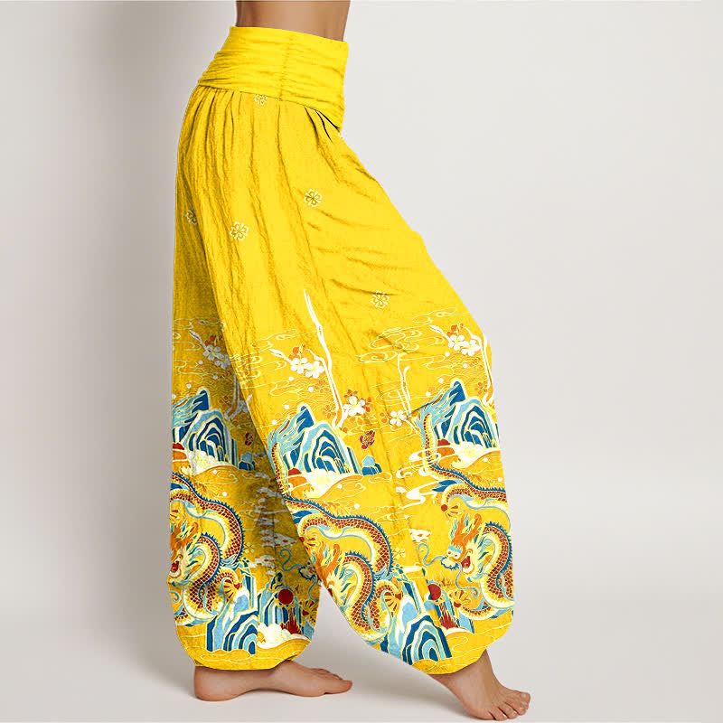 Buddha Stones Pure Cotton Dragon Cloud Wave Pattern Women's Elastic Waist Harem Pants - image 10