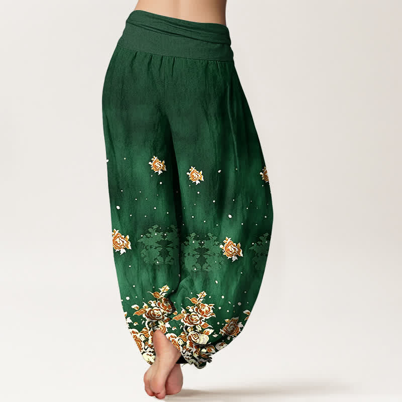 Buddha Stones Pure Cotton Vintage Rose Floral Pattern Women's Elastic Waist Harem Pants - image 1