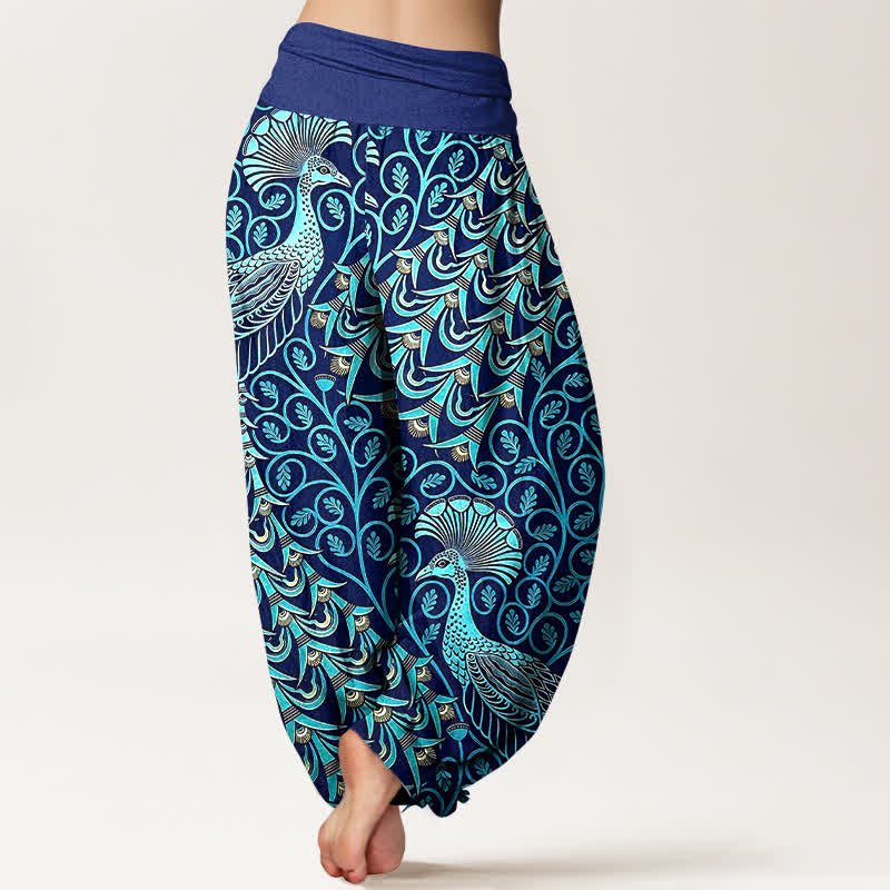 Buddha Stones Pure Cotton Peacock Feather Vine Pattern Women's Elastic Waist Harem Pants - image 1