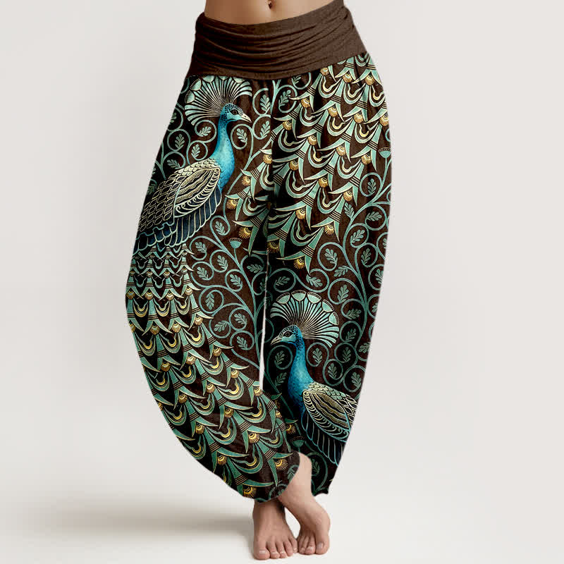 Buddha Stones Pure Cotton Peacock Feather Vine Pattern Women's Elastic Waist Harem Pants - Brown - US16，UK/AU20，EU48 (3XL) - image 5