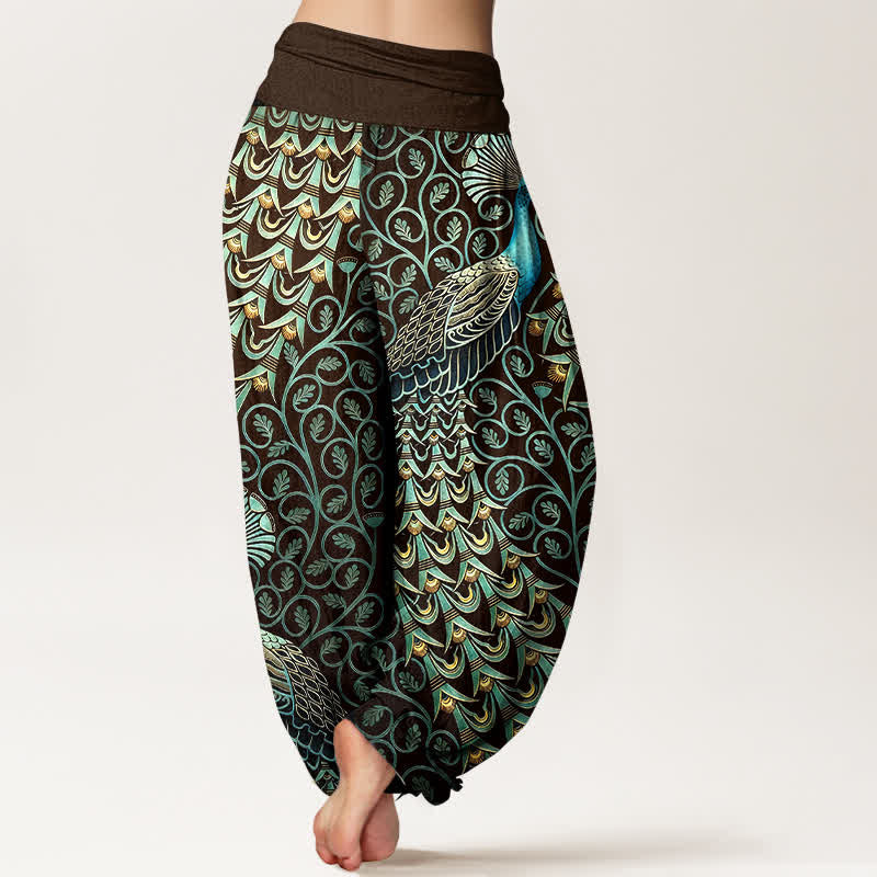 Buddha Stones Pure Cotton Peacock Feather Vine Pattern Women's Elastic Waist Harem Pants - image 6