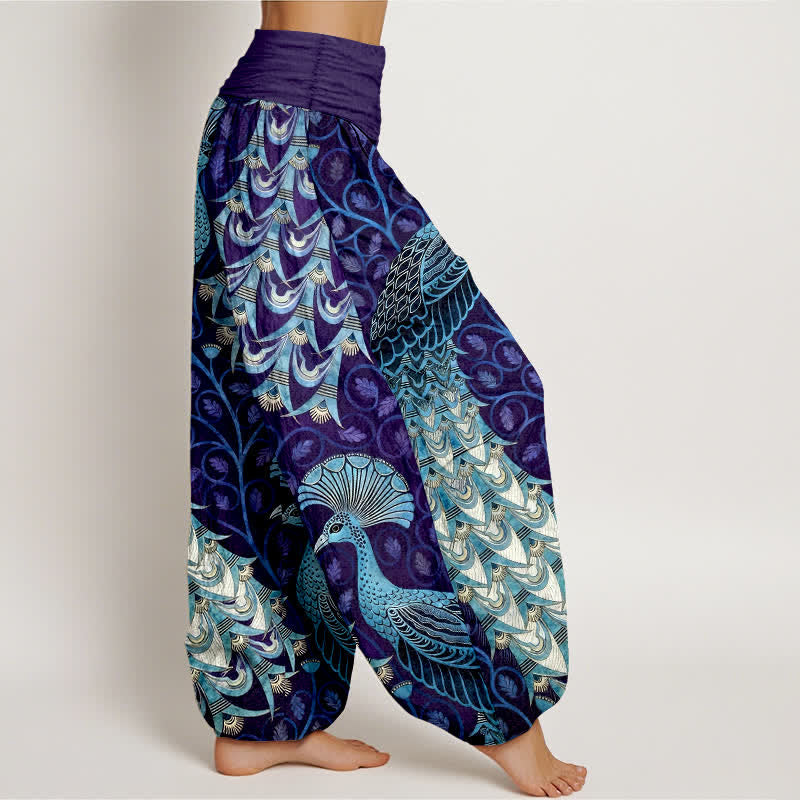 Buddha Stones Pure Cotton Peacock Feather Vine Pattern Women's Elastic Waist Harem Pants - image 10