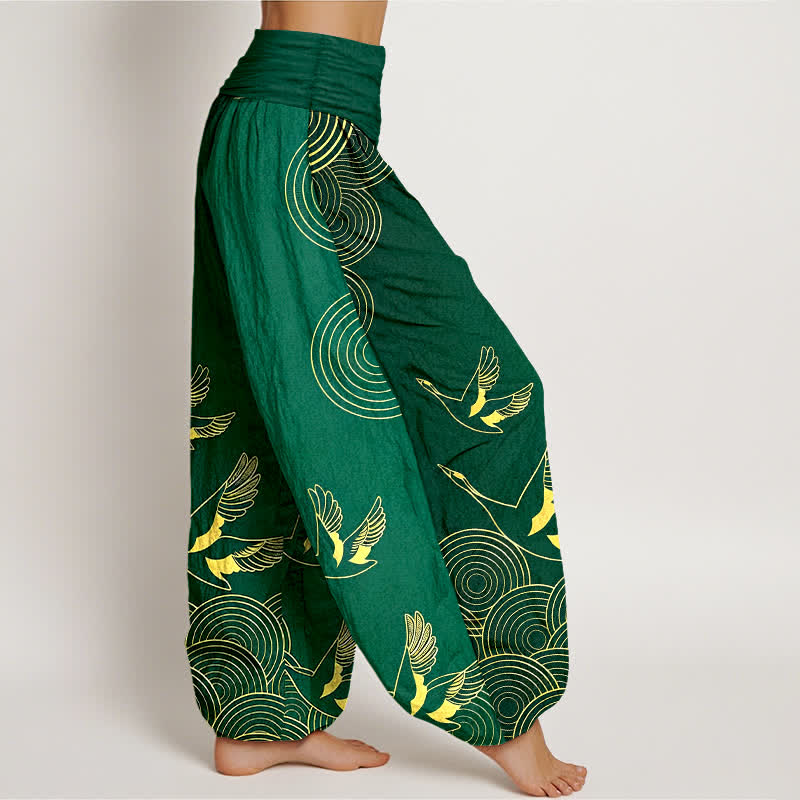 Buddha Stones Cotton Gold Bird Circle Pattern Women's Elastic Waist Harem Pants - image 7