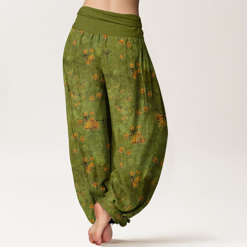 Buddha Stones Pure Cotton Scattered Marigold Floral Pattern Women's Elastic Waist Harem Pants - image 1
